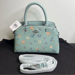 Coach Mini Lillie Carryall Purse With Mystical Floral Print Teal Silver C8216